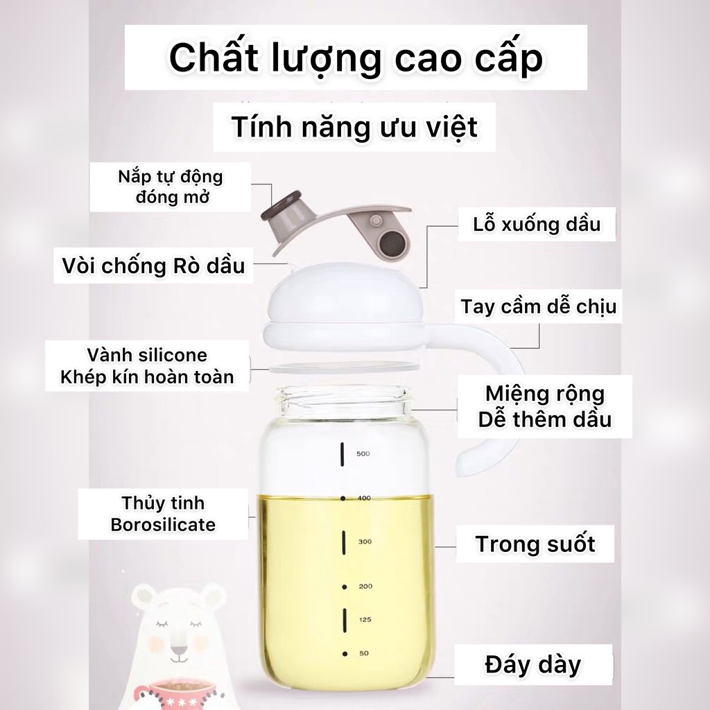 Bình đựng dầu ăn thông minh thủy tinh Borosilicate phong cách Nhật Bản, tự động mở nắp, lọ đựng dầu ăn, dụng cụ nhà bếp