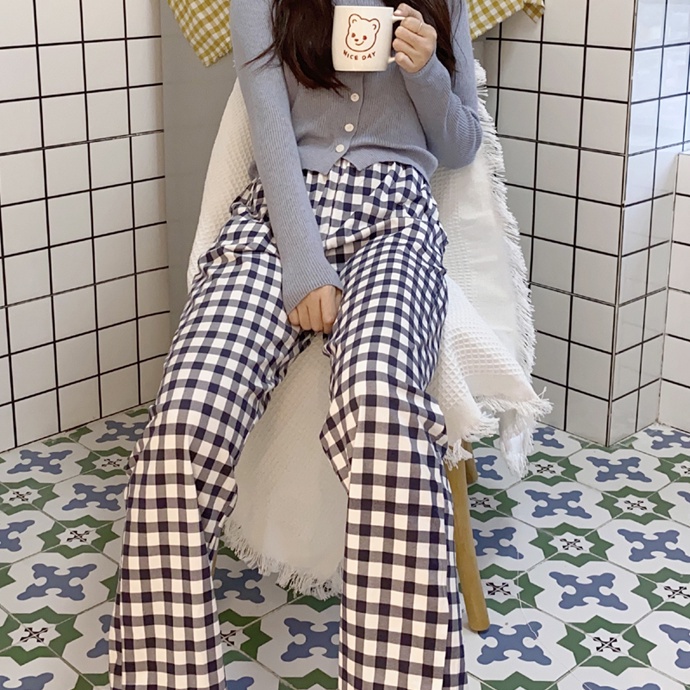 Quần Ngủ Cotton Dáng Rộng Họa Tiết Sọc Caro Phong Cách Hàn Quốc Thời Trang Cho Nữ | BigBuy360 - bigbuy360.vn