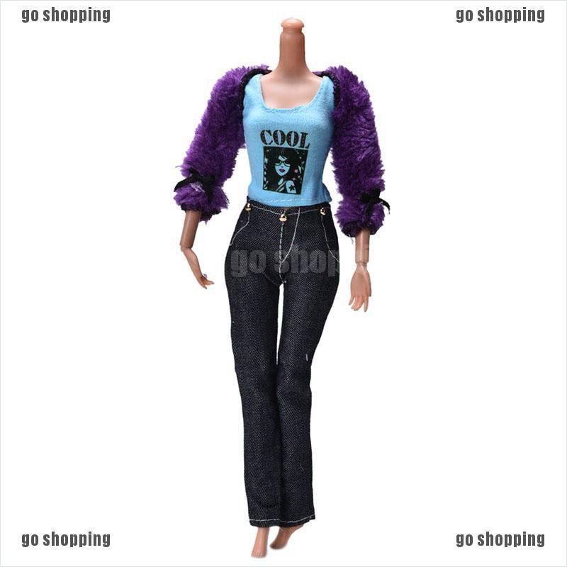 {go shopping}3 Pcs/Set Fur Coat Suit for Barbie Dolls Black Pants Fur Purple Coat Fashion Kid