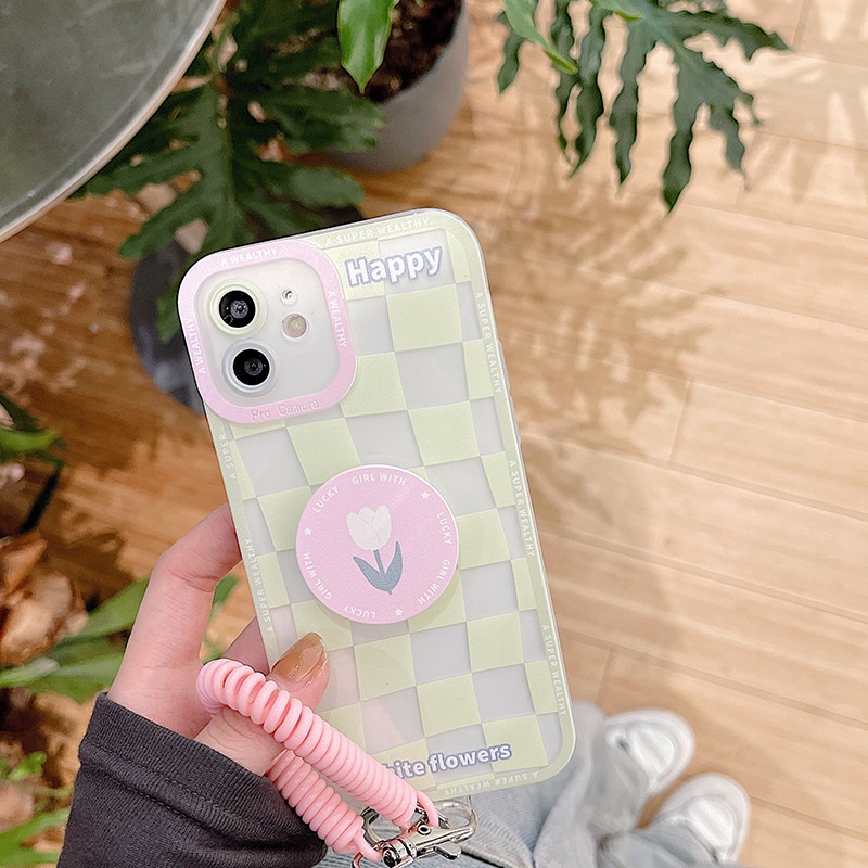 Ốp lưng iphone ốp Điện Thoại Màu Xanh Lá Họa Tiết Sọc Caro Kèm Dây Đeo Cho iPhone 14 13 12 11 PROMAX XS XR XSMAX SE2020