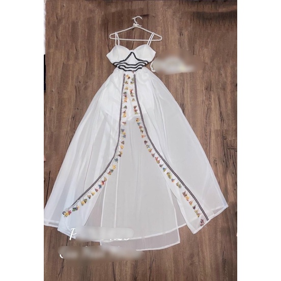 Đầm maxi voan trắng xoè 2 dây cúp ngực xẻ đùi phối thổ cẩm Đầm váy đi chơi du lịch đi biển hotgirl tk đơn giản đi Đà Lạt