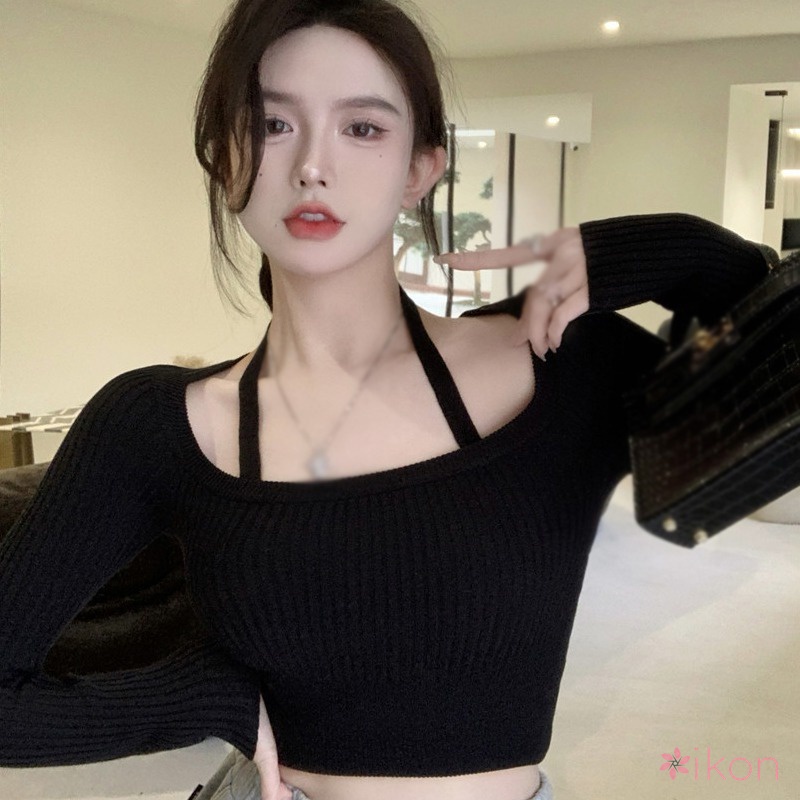 Áo Sweater Dệt Kim Mỏng Tay Dài Cổ Tròn Dáng Ôm Hở Xương Quai Xanh Dễ Thương Cho Nữ