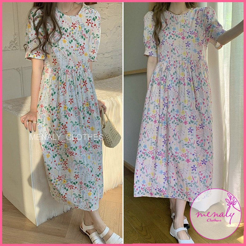 Váy babydoll hàn quốc dáng dài qua gối tay bồng điệu đà nữ tính