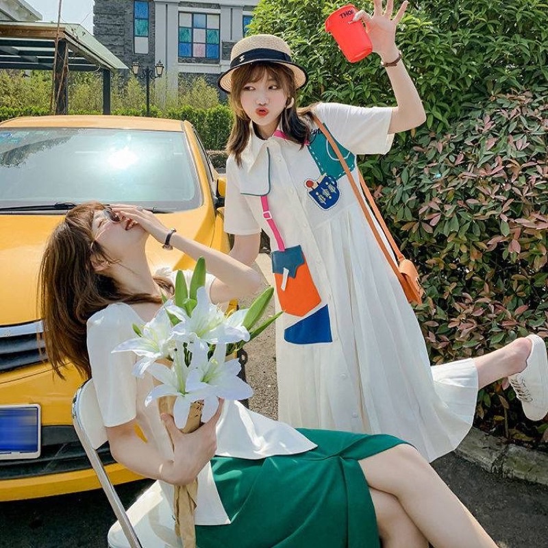 Đầm sơ mi phối màu