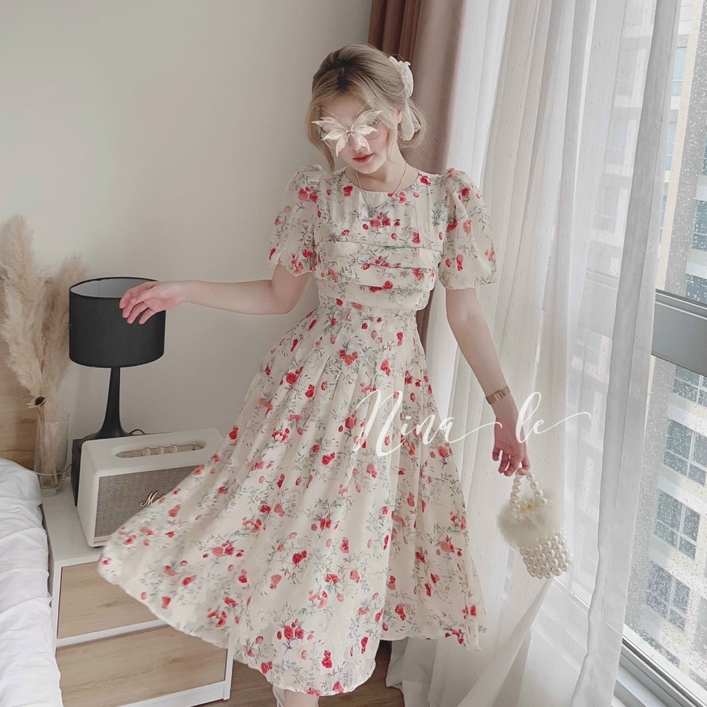 Đầm váy nữ maxi cổ tròn họa tiết hoa dễ thương phối chingfon 2 lớp trẻ trung sang trọng thanh lịch siêu xinh