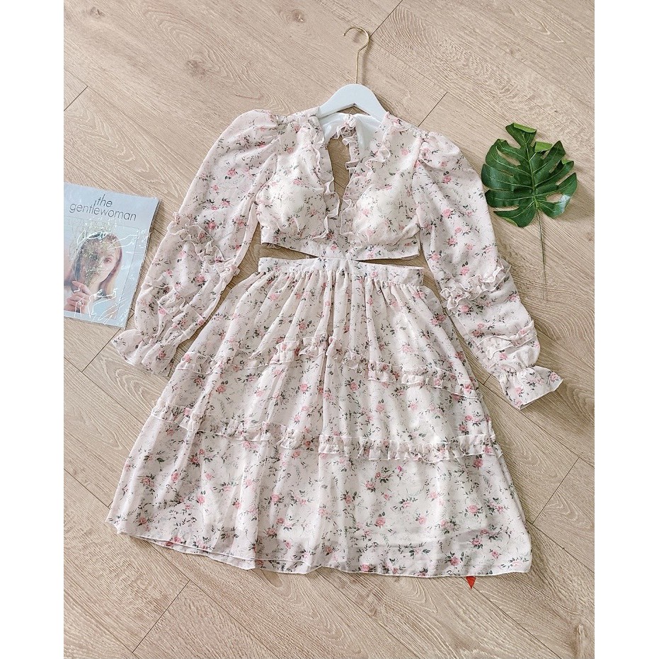Đầm hoa nhíu bèo cut eo có mút ngực dáng xinh cổ V tay dài hở lưng XUKA-DRESS MT017 chất Voon xịn xó cao cấp. | BigBuy360 - bigbuy360.vn