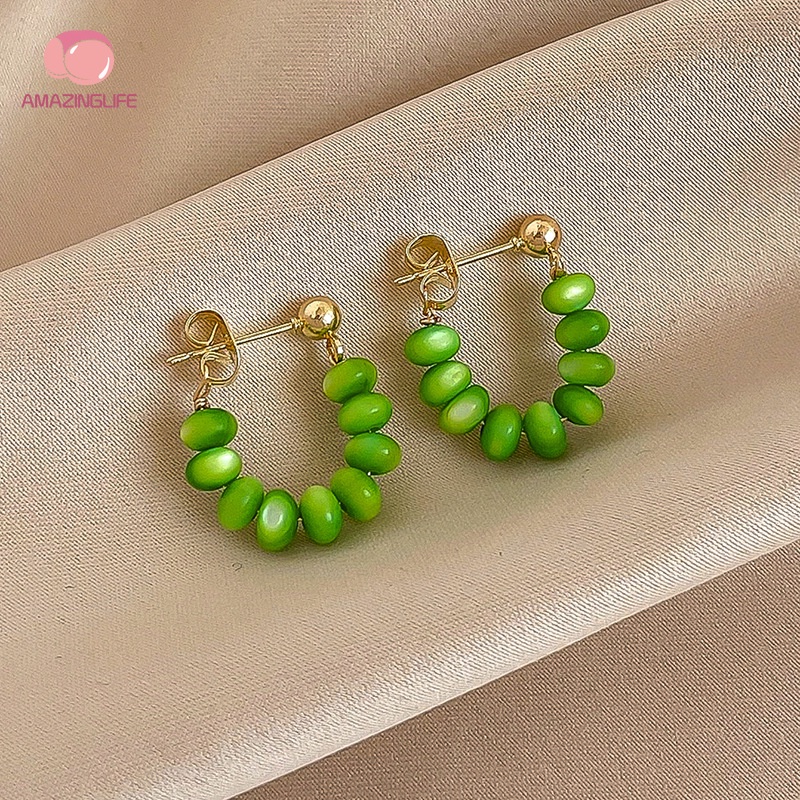 [Amazinglife] Khuyên Tai Xỏ Hạt Opal Xanh Lá Cây Hình Học / Bông Hoa Đơn Giản Cá Tính Thời Trang