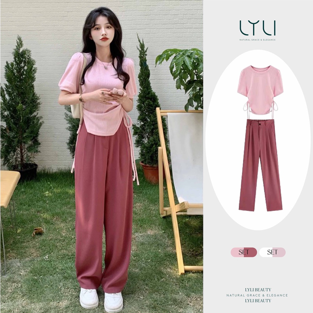 Set đồ Áo thun rút dây kèm quần nỉ ống rộng Lylibeauty Kiểu áo ôm body dây rút hai bên kết hợp với quần nỉ Hồng formrộng