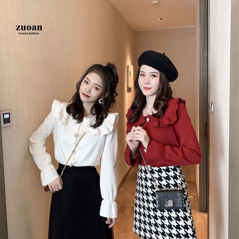 SUXI Áo dệt kim mỏng dài tay cổ búp bê thời trang mùa thu cho nữ