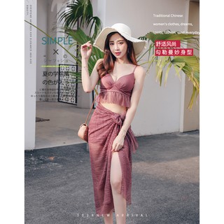 CÓ SẴN Bộ đồ bơi nữ đi biển 3 mảnh kèm khăn quấn màu hồng đỗ cực sang