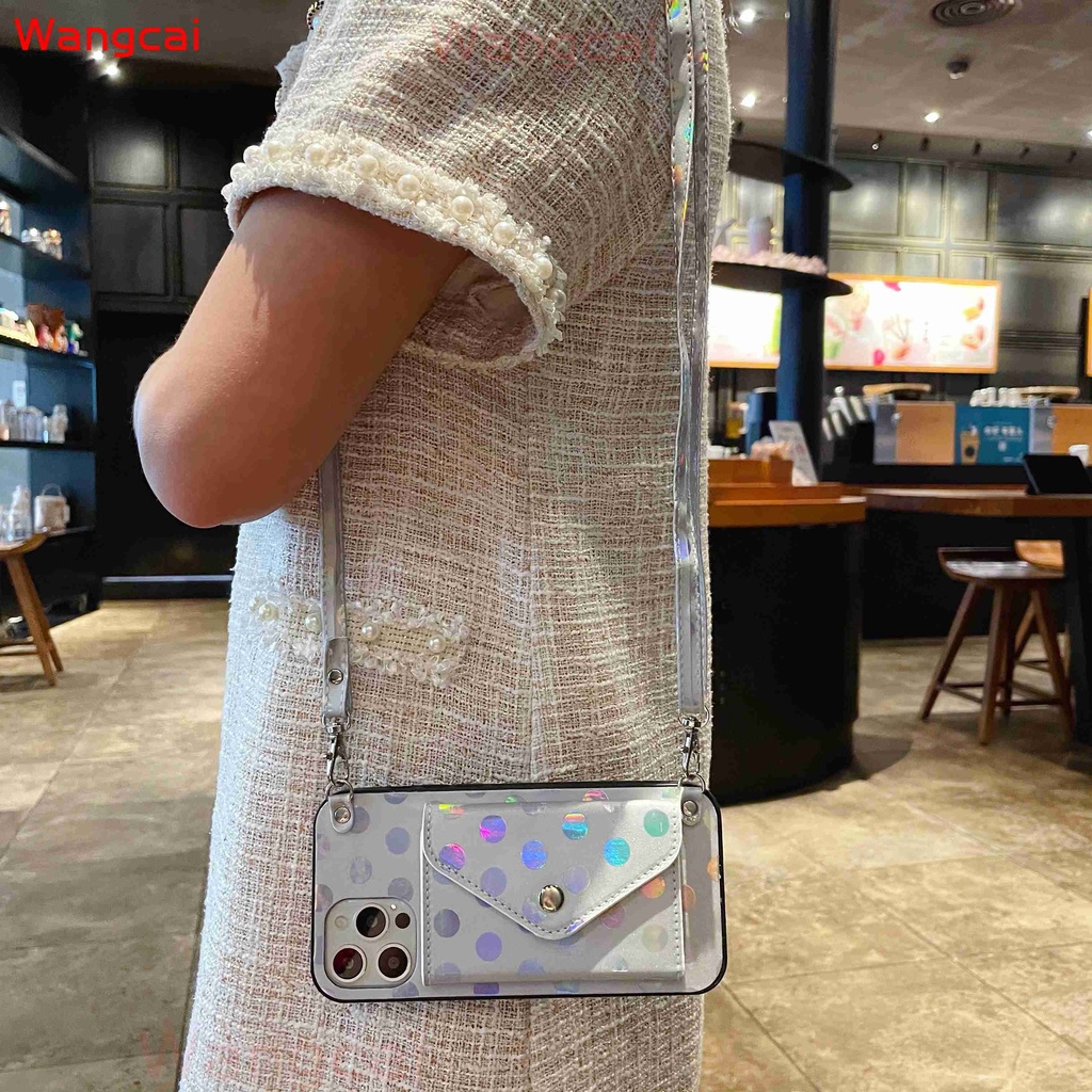 Ốp điện thoại kèm ví họa tiết chấm bi với dây đeo thích hợp cho iPhone 12 Mini 12 11 Pro Max XS Max XR X 7 8 6 6s Plus