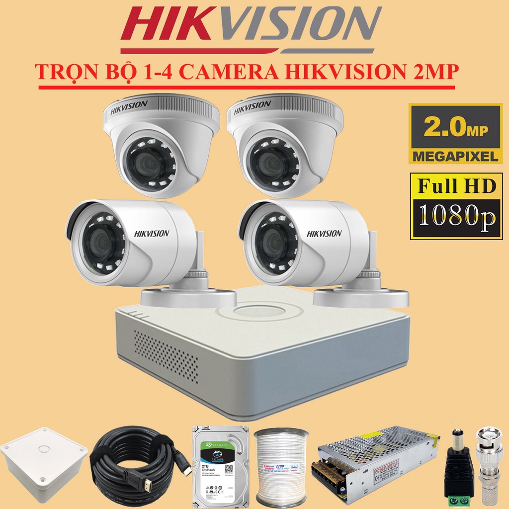 Trọn Bộ 1-4 Camera Quan Sát Hikvision 2.0 Megapixel Full HD 1080P đầy đủ phụ kiện lắp đặt bảo hành 24 tháng