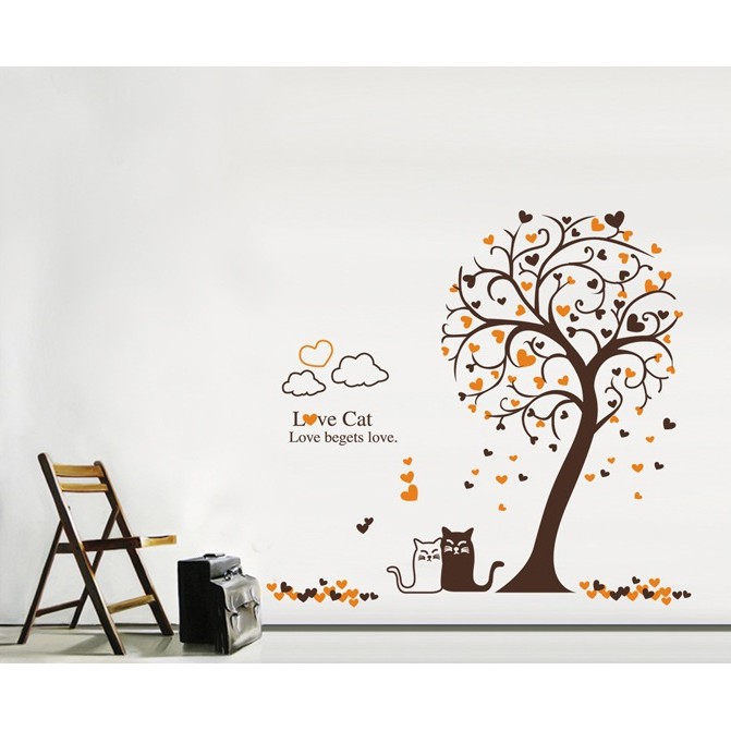 Decal trang triis tường Cây trái tim LOVE CAT