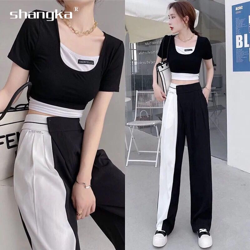 Áo thun ngắn tay/ Áo thun dài tay/ Quần dài lưng cao ống rộng màu trắng đen dành cho nữ