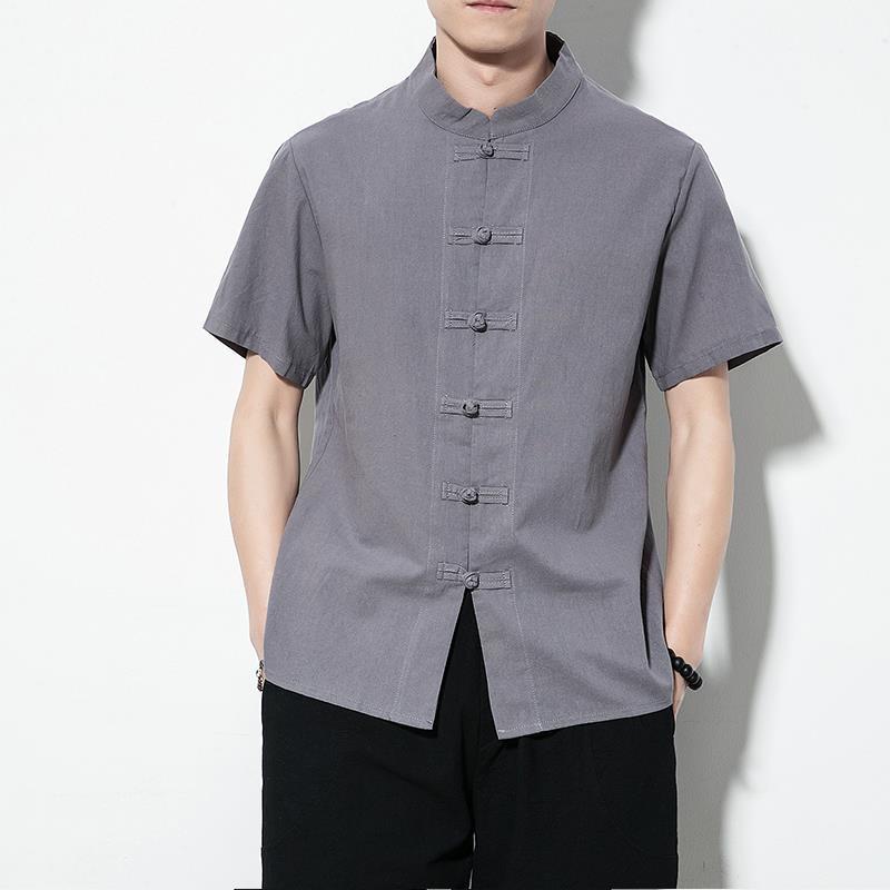 Áo Sơ Mi Cotton Lanh Ngắn Tay Cổ Đứng Cài Nút Thời Trang Trung Hoa Cho Nam