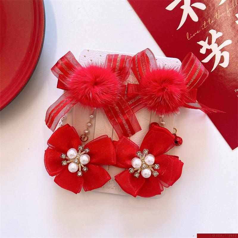 Bộ kẹp tóc tua rua màu đỏ phong cách năm mới thời trang xinh xắn cho bé gái