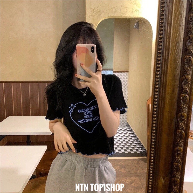 Áo in trái tim Croptop cuốn biên tay và lai (al)