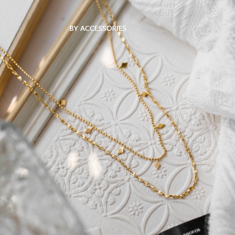 Vòng cổ titan 2 xích 2 tầng phối mặt hình thoi li ti không gỉ WNS19