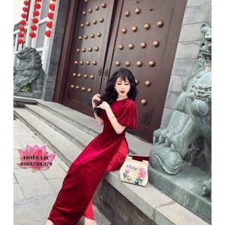 ÁO DÀI NHUNG TAY BỒNG 2 MÀU ĐỎ ĐÔ ,HỒNG SANG CHẢNH