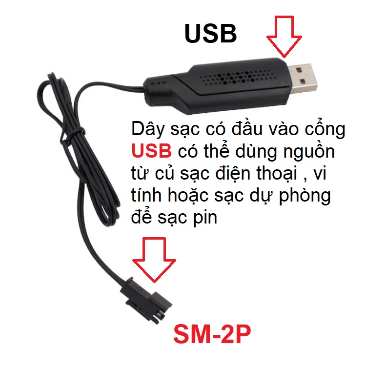 Dây sạc pin 7.4V xe mô hình điều khiển Jack nối SM 2P