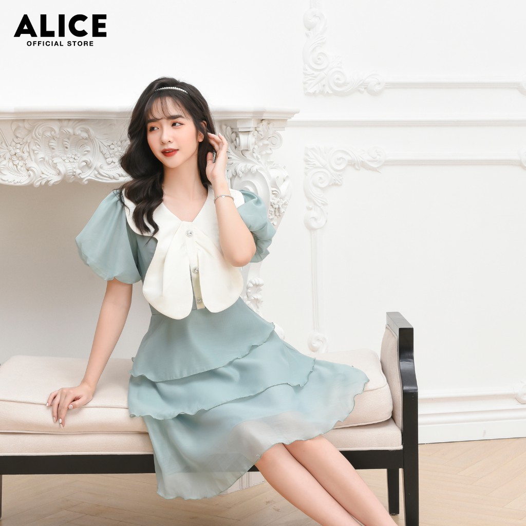 Đầm Thiết Kế Dự Tiệc ALICE Dáng Xòe Xếp Tầng Tay Bồng Nơ Ngực Sang Trọng Cho Nữ Dự Tiệc V697 | BigBuy360 - bigbuy360.vn
