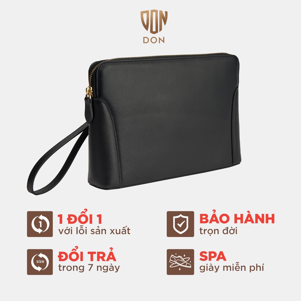 Túi Clutch nam công sở DON ITALO, ví cầm tay nam da bò Nappa đen cao cấp khóa đồng màu vàng DC02
