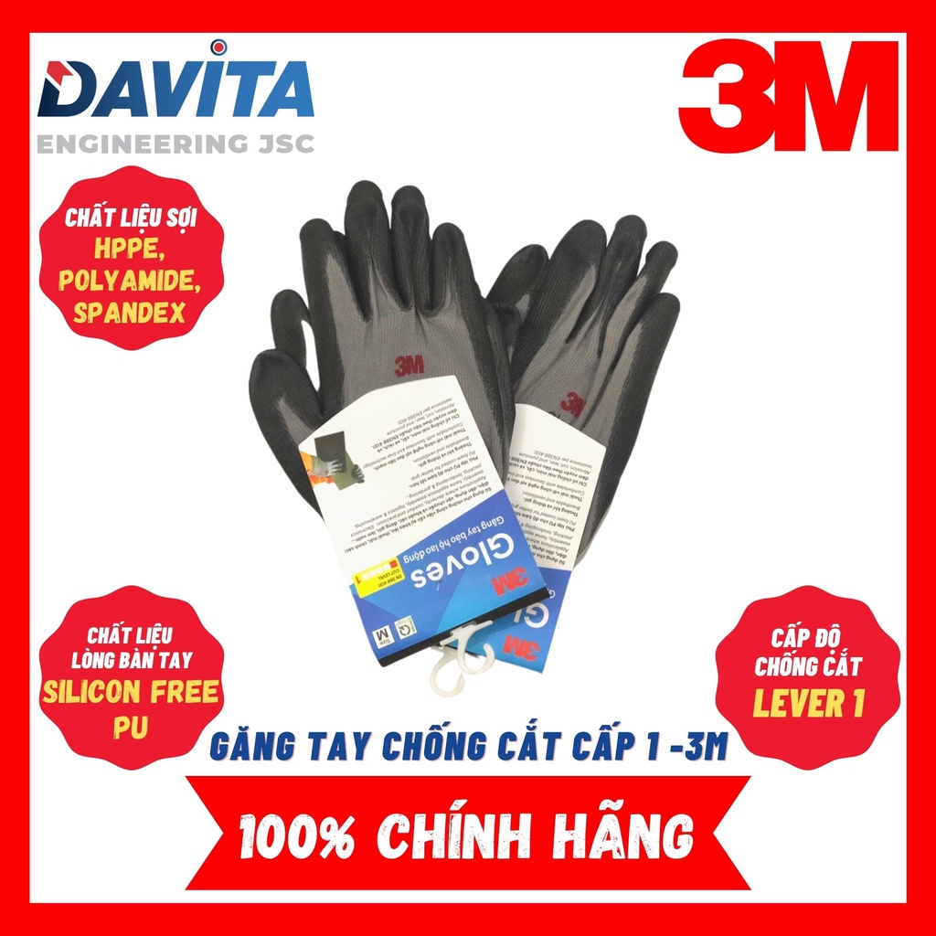 Găng tay bảo vệ tay 3M cực tốt, cấp độ 1, màu xám, size M