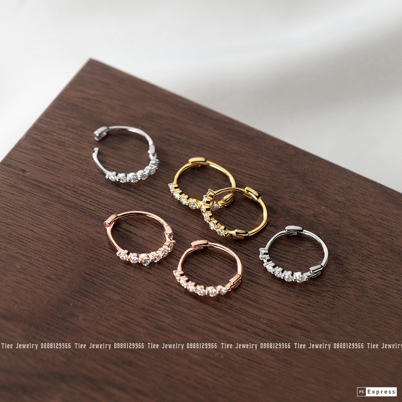 Khuyên tai bạc TLEE tròn chốt bấm đính dải đá tròn dáng mảnh size đường kính 1cm lấp lánh TleeJewelry B0302
