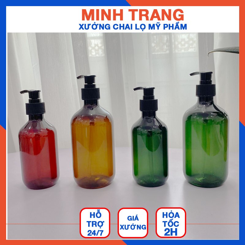 Chai Nhựa Pet Vòi Nhấn 300ML/500ML Thân Nâu/Thân Rêu Đựng Dầu Gội, Sửa Tắm, Gel Rửa Tay