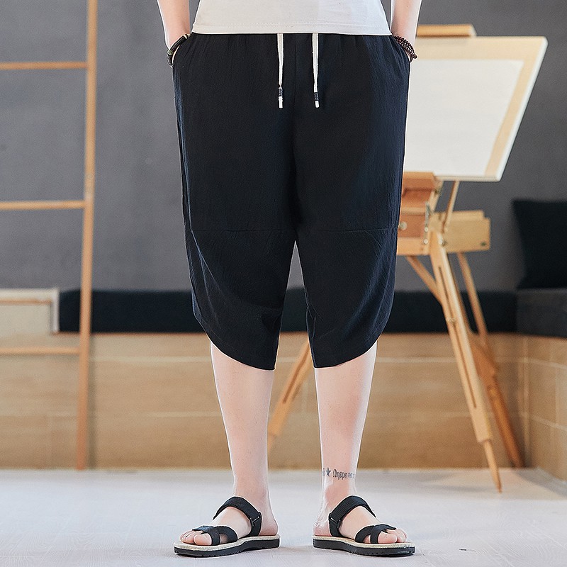 Quần harem bảy tấc vải cotton lanh mỏng ống rộng phong cách Trung Hoa thời trang mùa hè size lớn dành cho bạn nam