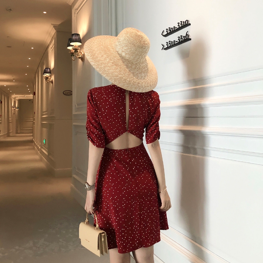 Đầm Nữ Cổ Chữ V Họa Tiết Chấm Bi Thời Trang