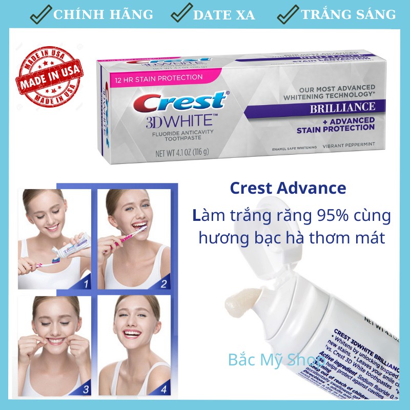 [HÀNG MỸ-MẪU MỚI] Kem đánh trắng răng loại bỏ vết ố Crest 3D White Brilliance 116g