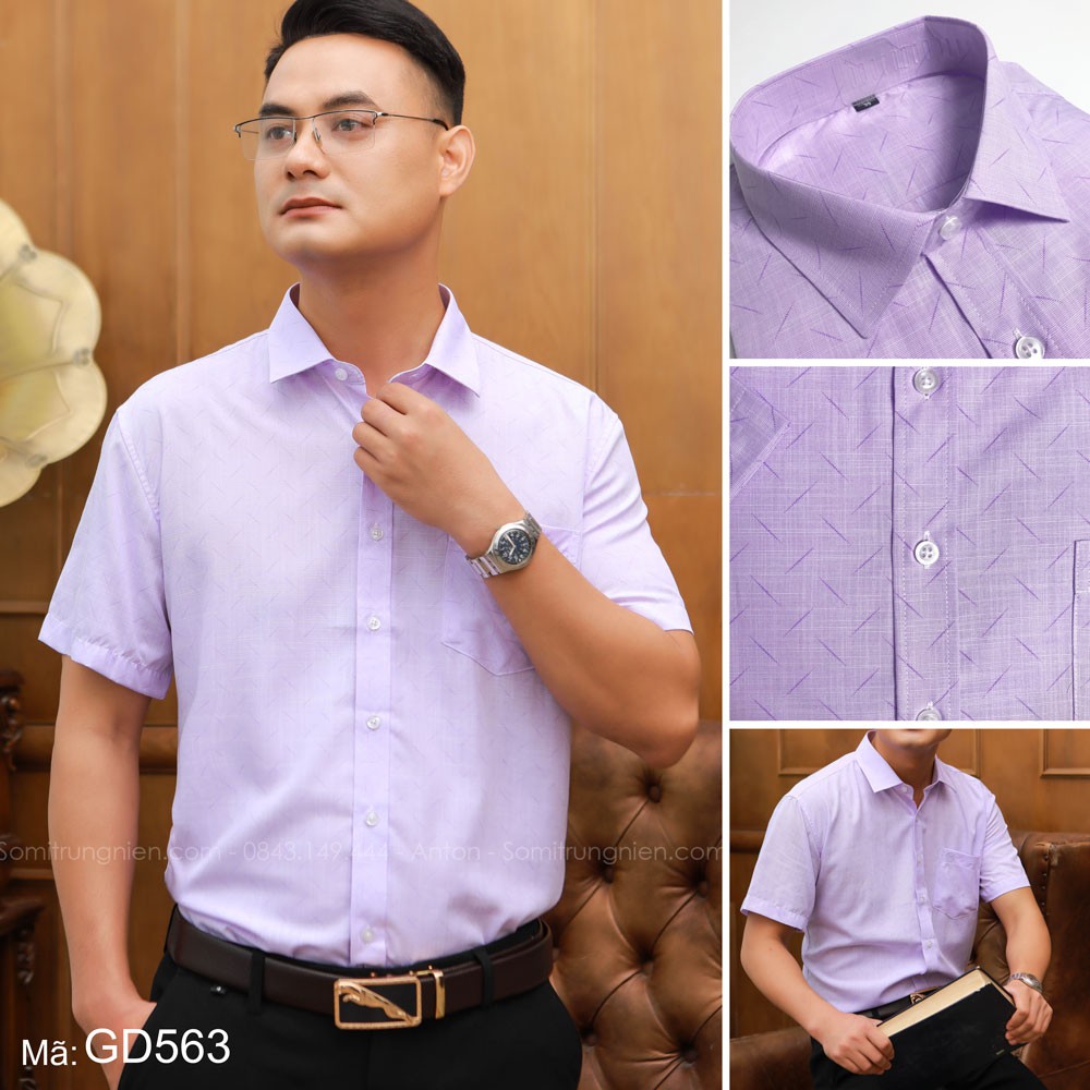 Áo Sơ Mi Nam Công Sở Trung Niên Anton Somianton Màu Tím Ngắn Tay Họa Tiết In Vải Cotton  – GD563