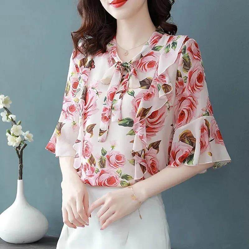 Áo Sơ Mi Chiffon Tay Lỡ 3 / 4 In Hoa Thời Trang Công Sở Cho Nữ