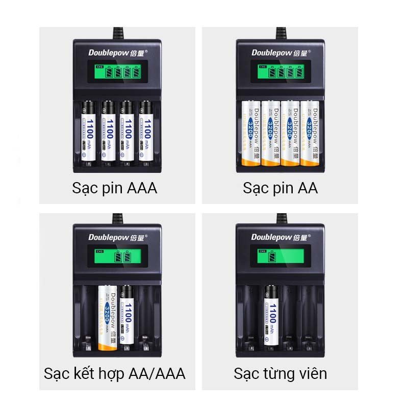 Bộ Sạc Pin AA, AAA K93B Doublepow tự ngắt khi đầy Tốc Độ Cao Hiển Thị Màn Hình LCD  kèm pin sạc aa 3200mAh