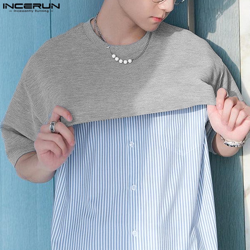 Áo kiểu INCERUN tay ngắn cổ tròn họa tiết kẻ sọc đơn giản thời trang cho nam