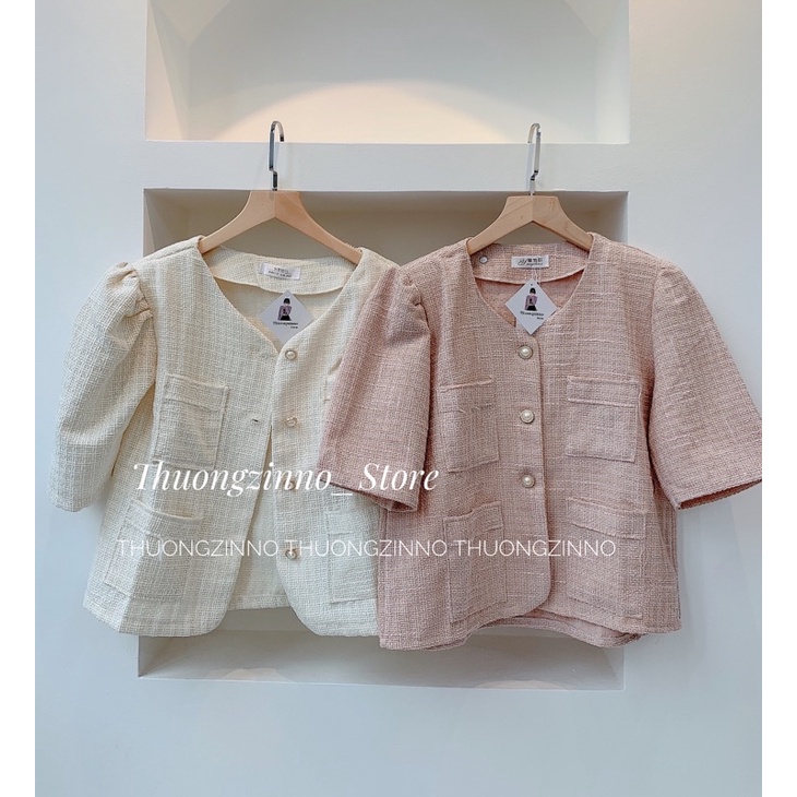 [Ảnh thật/Video]Áo dạ Hồng/Trắng cộc tay cúc ngọc sang chảnh