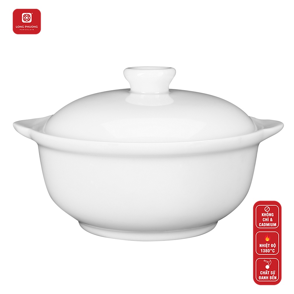 Bát sứ có nắp Long Phương men trắng hai tai đựng soup cá nhân - 5 inch