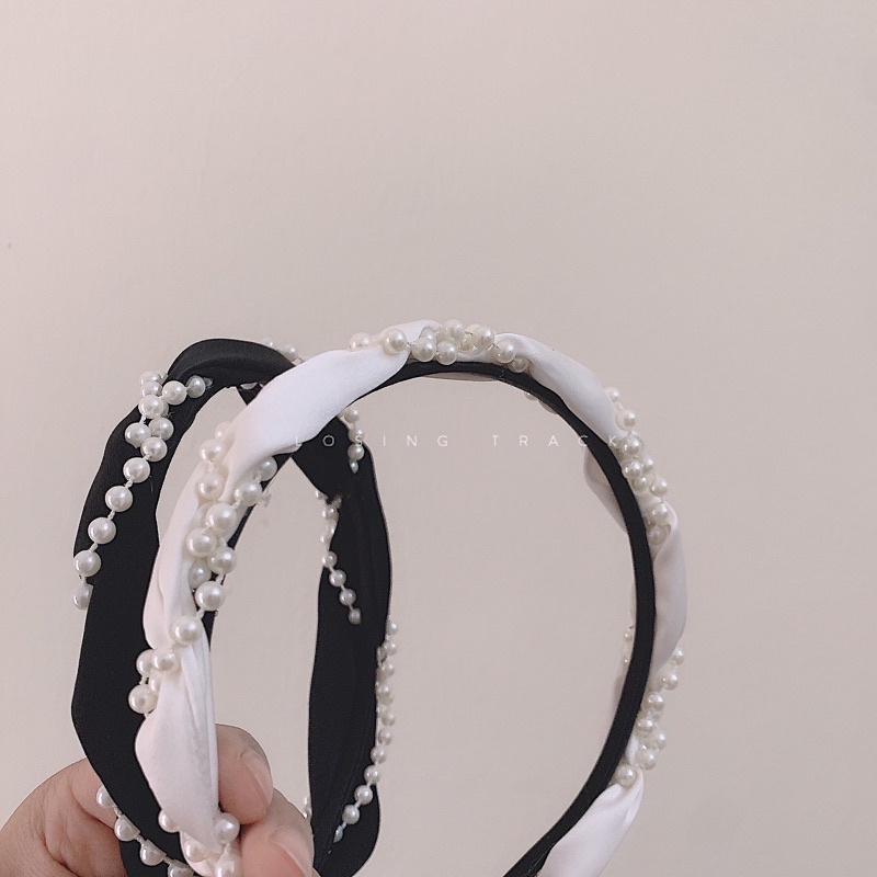 Bờm tóc băng đô hai màu đen trắng dây hiện đại BT575
