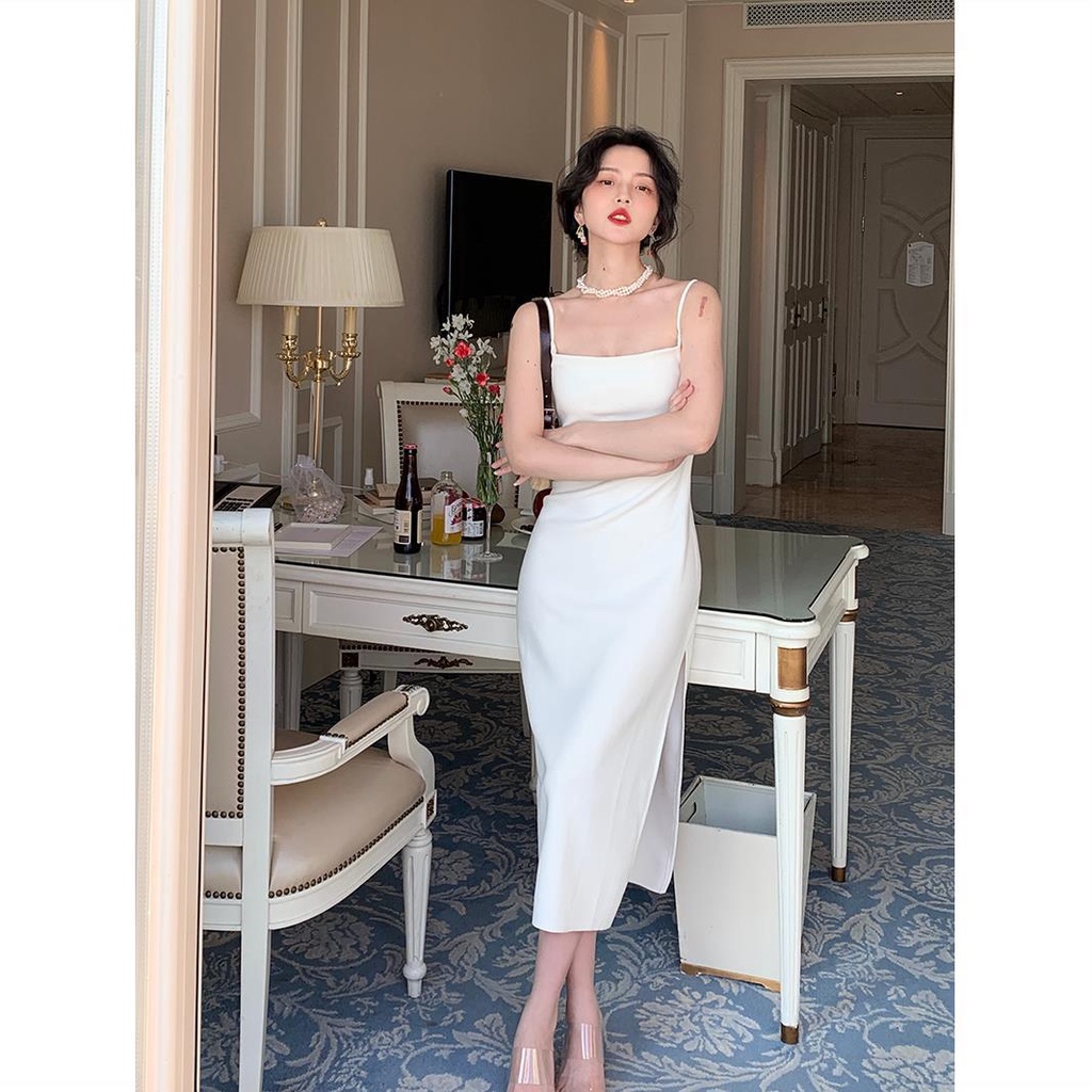 Jiashucheng Đầm Hai Dây Cổ Vuông Dáng Ôm Xẻ Tà Thời Trang Quyến Rũ Cho Nữ