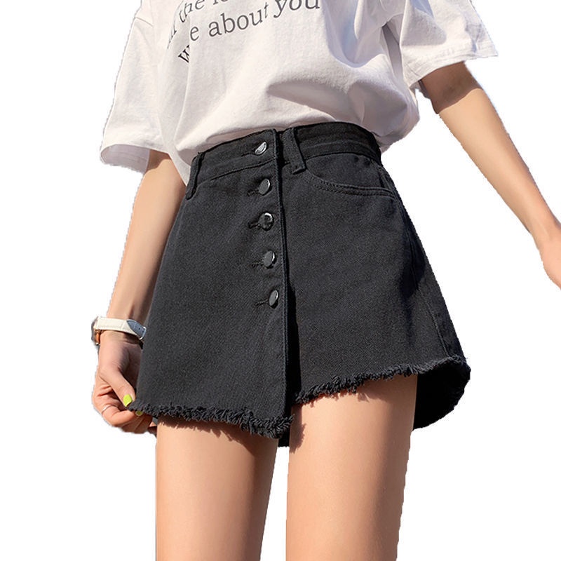 Quần Short Denim Giả Váy Chữ A Ống Rộng Lưng Cao Màu Đen Thời Trang Cho Nữ