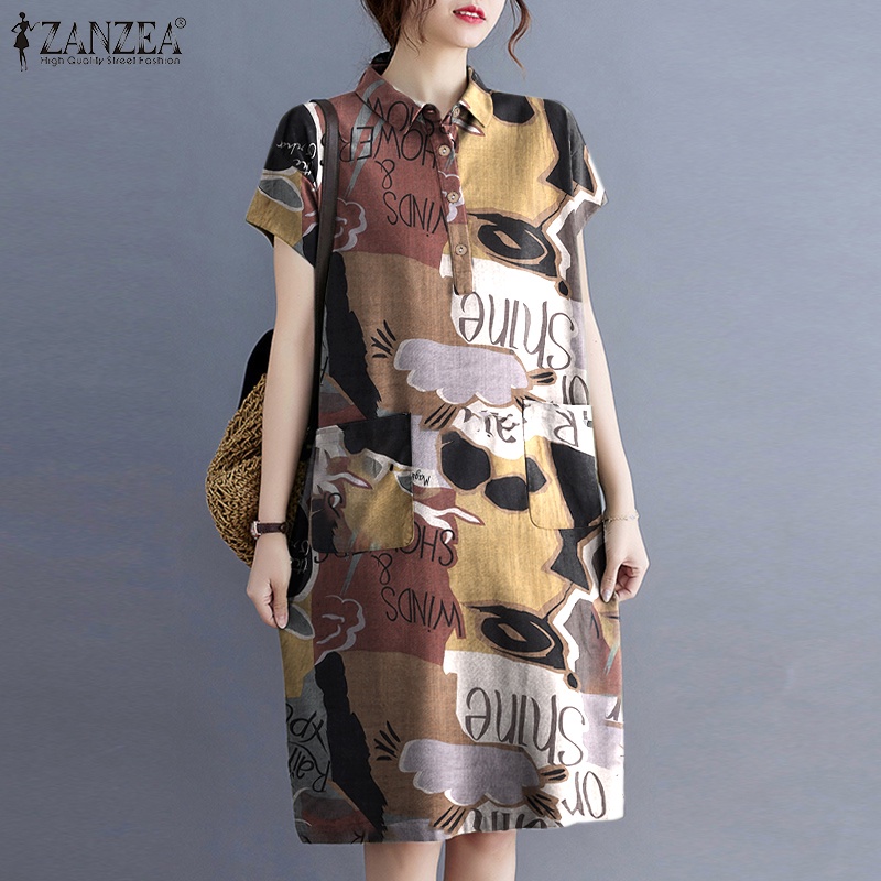 Đầm ngắn Zanzea tay ngắn cổ bẻ có túi trước dáng rộng thời trang dành cho nữ