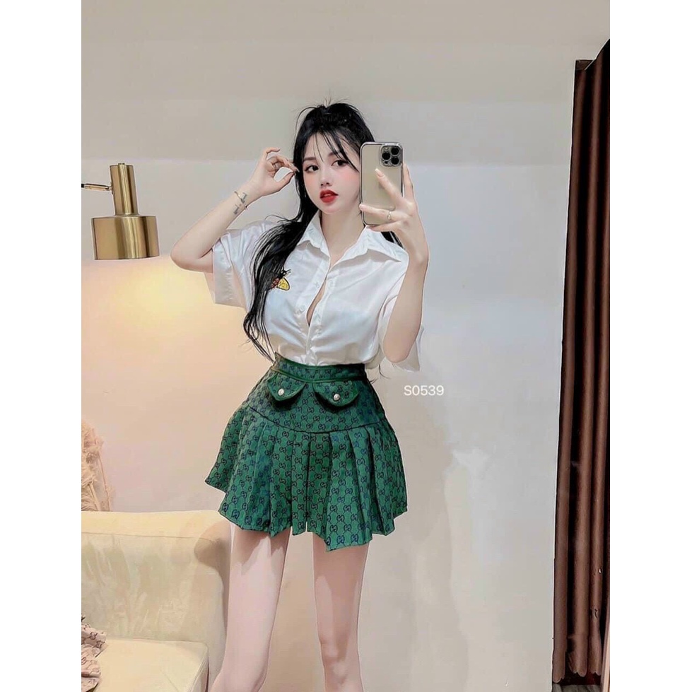 [9.9 Sales Freeship] Set áo sơ mi trắng in con ong mix chân váy xòe xếp ly in họa tiết, set váy xòe phối túi cá tính dx