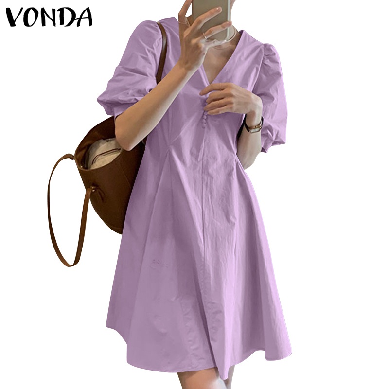 Đầm VONDA tay ngắn phồng cổ chữ V màu trơn phong cách Hàn Quốc thời trang mùa hè cho nữ