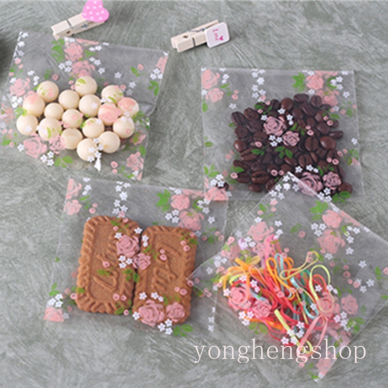 Set 100 Túi Đựng Bánh Kẹo Tự Dính Hình Hoa Hồng Trong Suốt