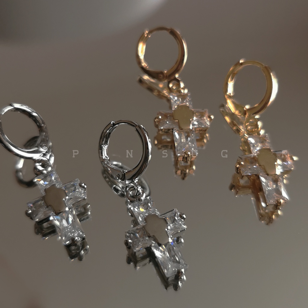 Khuyên Tai Hình Chữ Thập Đính Đá zircon Lấp Lánh Phong Cách Âu Mỹ Đơn Giản
