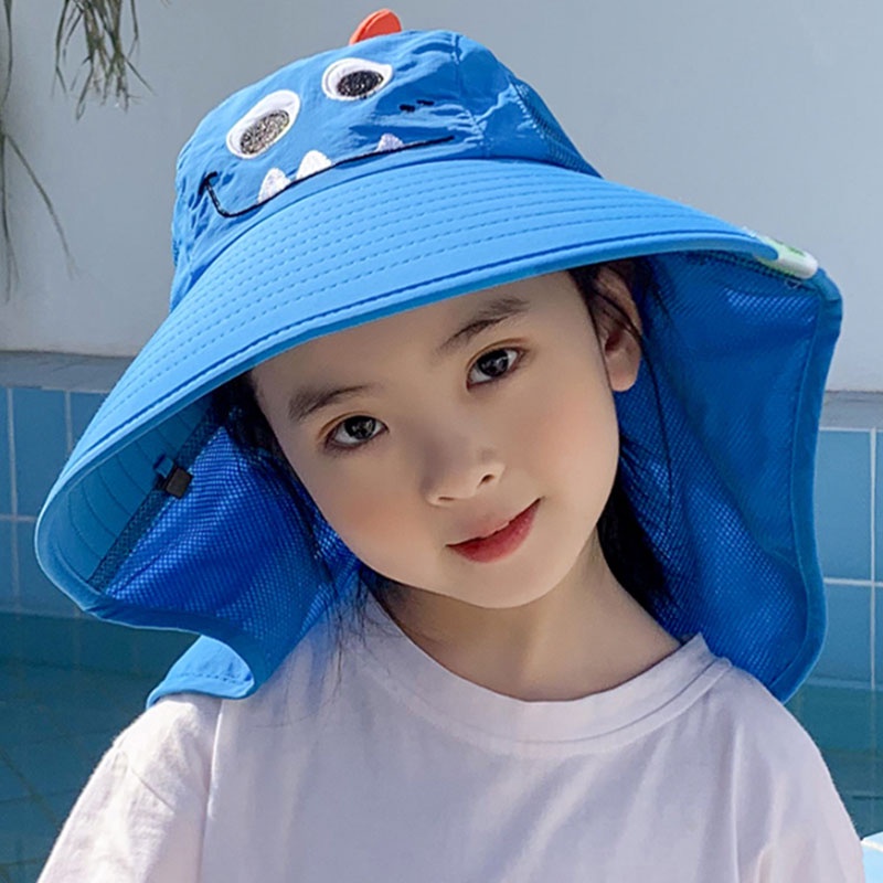 Mũ Tai Bèo Vành Rộng Phối Lưới Thoáng Khí Chống Tia UV Có Dây Rút Họa Tiết Hoạt Hình Dễ Thương Cho Bé