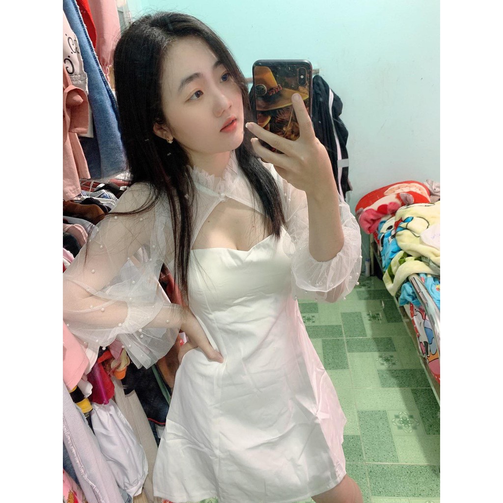 ĐẦM DỰ TIỆC NỮ 💖TRẮNG TAY LƯỚI ĐÍNH NGỌC CỔ CÓ MÚT NGỰC VẢI UMI DÀY DẶN