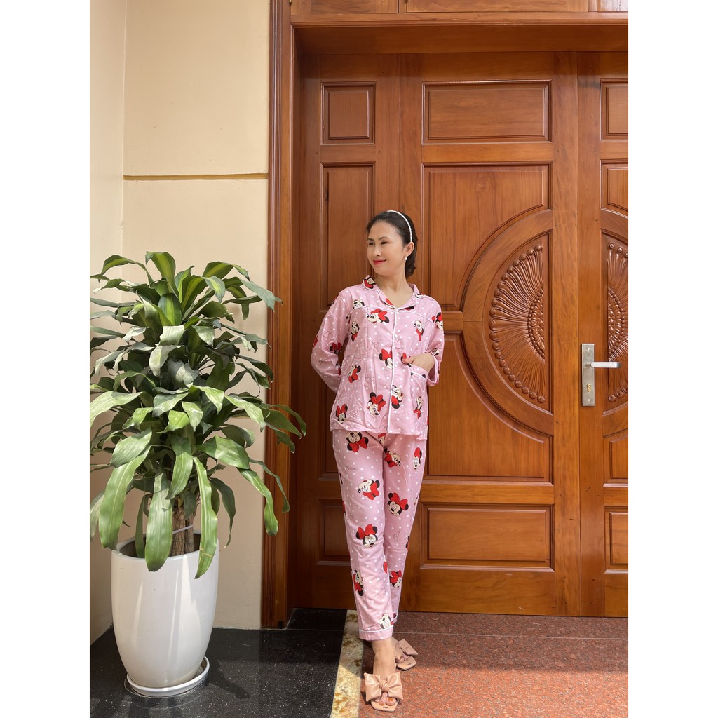 Đồ Bộ Bầu dài tay Pijama chất kate thái mặc bầu và sau sinh BPJM930 (Có khóa hoặc túi ngực như hình)