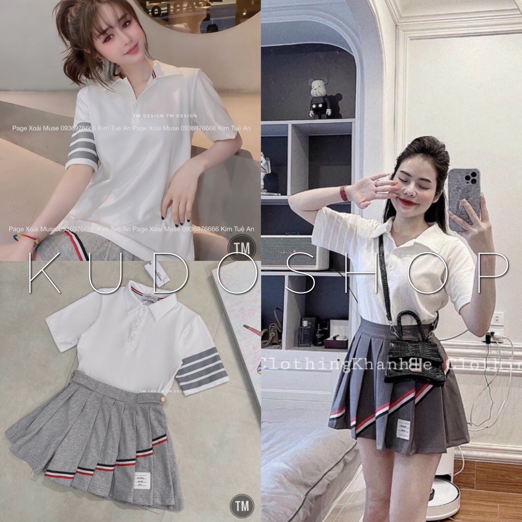 Set áo thun polo form rộng 3 sọc kèm chân váy tenis dáng xòe/ Set bộ đi chơi phong cách ulzzang trẻ trung cá tính